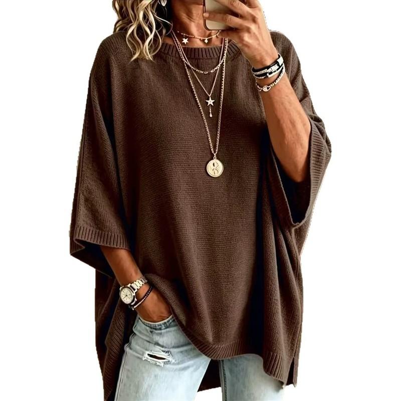Cozy Oversized Knit Sweater — Women’s Relaxed Fit, Solid Color, Round Neck