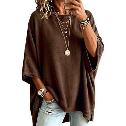 Cozy Oversized Knit Sweater — Women’s Relaxed Fit, Solid Color, Round Neck