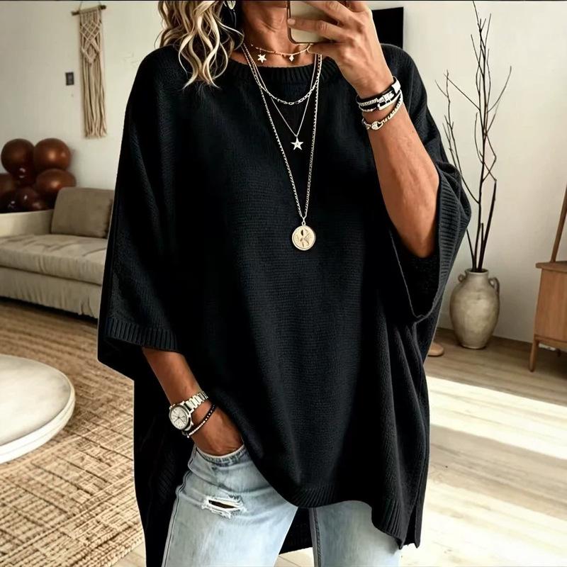 Cozy Oversized Knit Sweater — Women’s Relaxed Fit, Solid Color, Round Neck