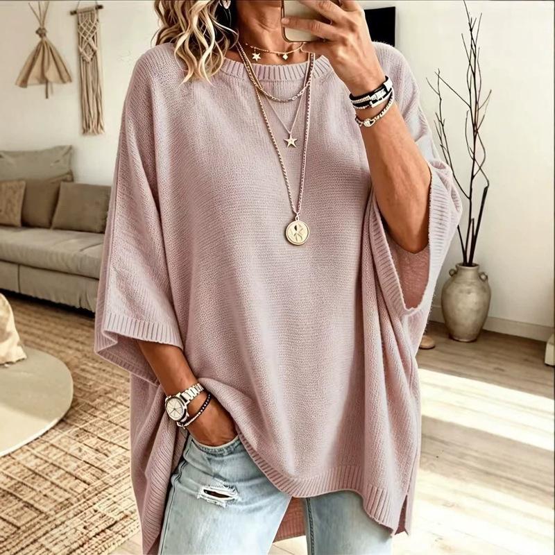 Cozy Oversized Knit Sweater — Women’s Relaxed Fit, Solid Color, Round Neck